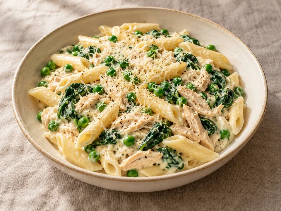 Ilustração de Penne cremoso de frango e espinafre